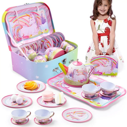 Pink Unicorn Tin Tea Set in Carry Case with Teapot, Four Cups, Four Saucers and Five Plates