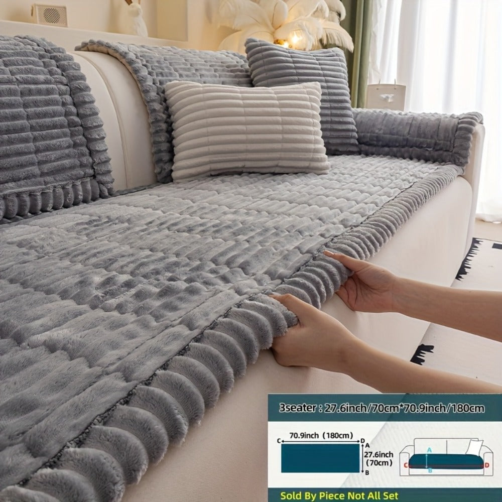 Wavy-Edge Plush Sofa Cushion Cover in Four Colors with Single-, Two-, Three- or Four-Seat Sizes