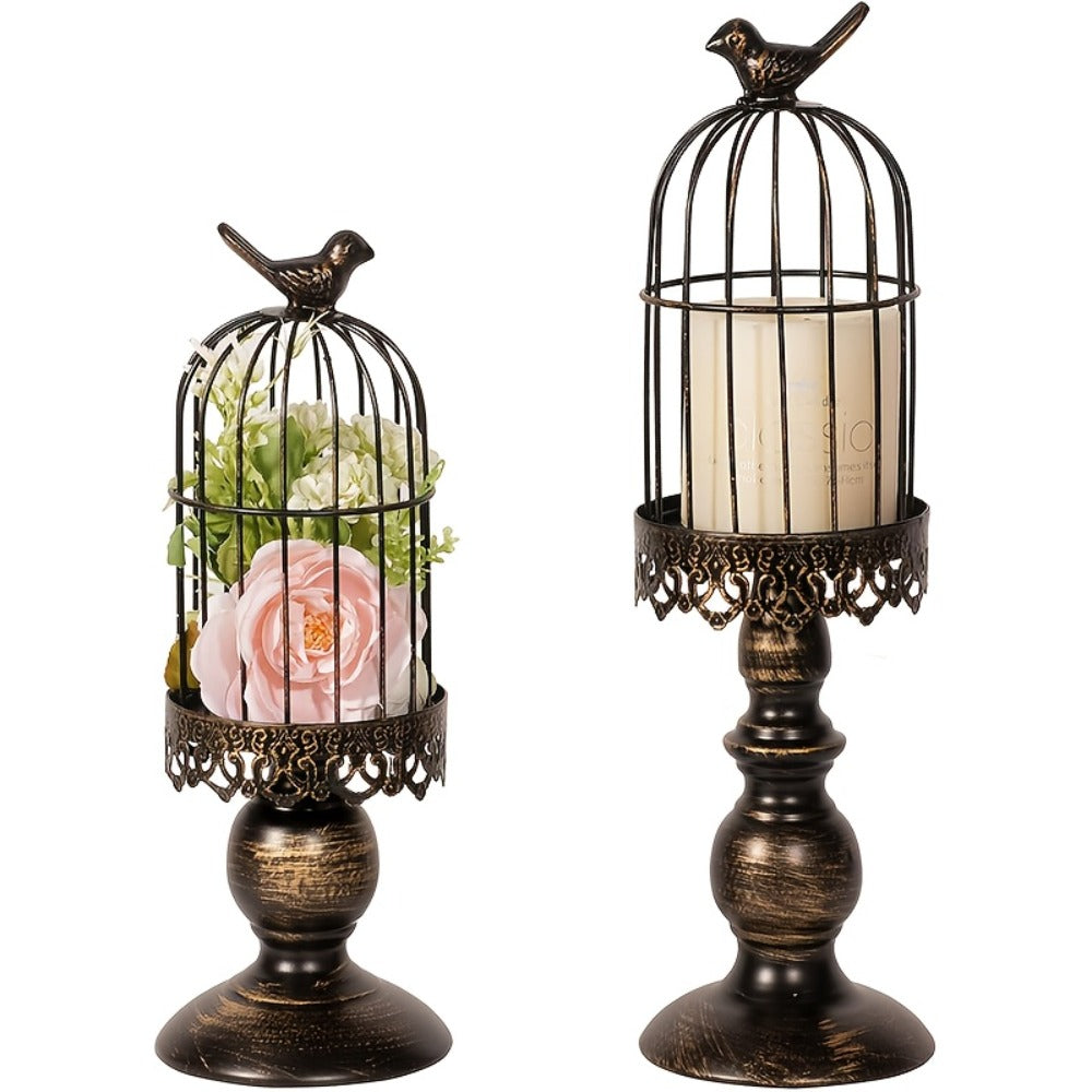 Birdcage Candle Holder Set of Two with Metal Pedestal Bases, Bird Finials, 30cm and 38cm Heights in Black or White
