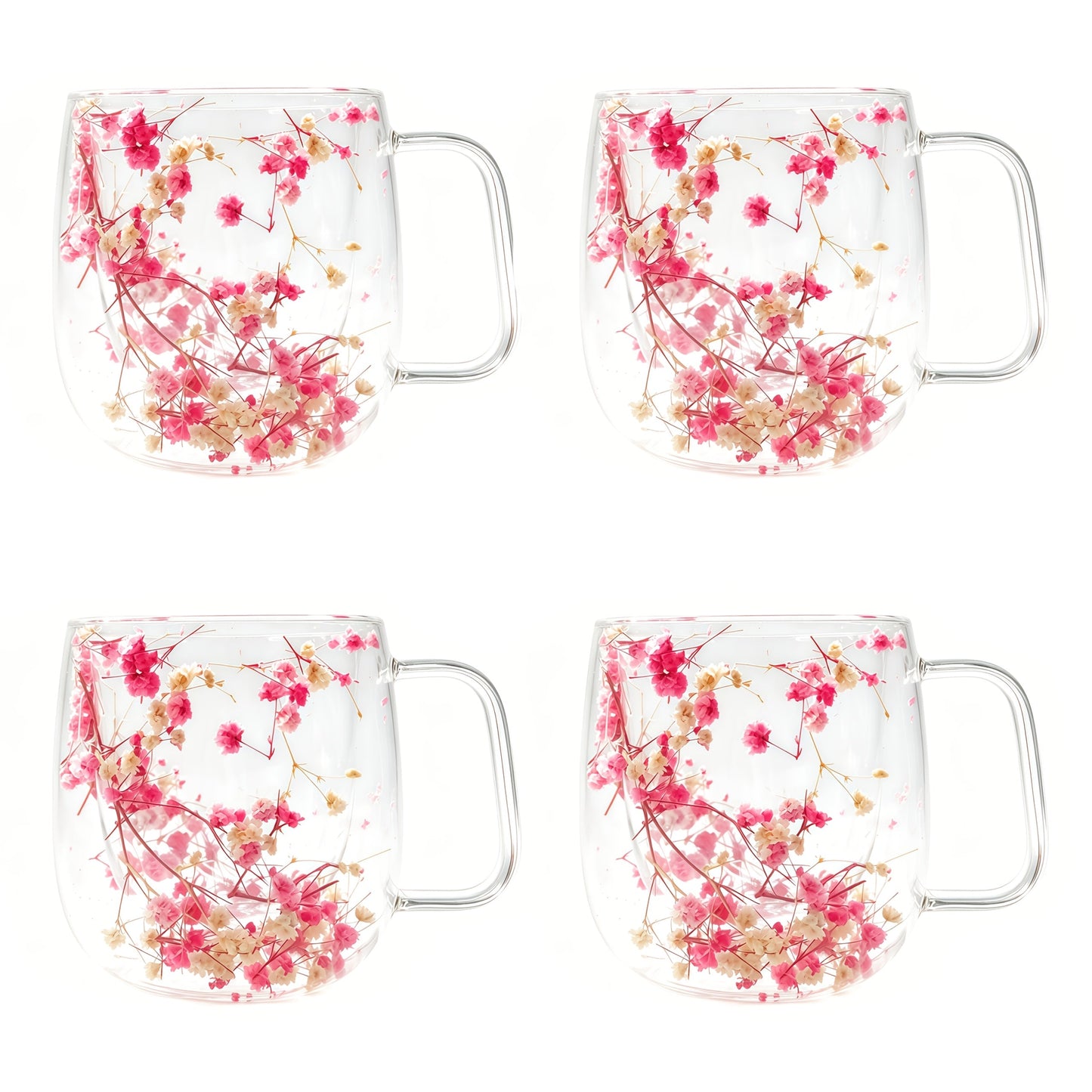 Double-Wall Glass Coffee Cup Set, Four-Piece Floral and Petal Design Mugs with Clear Handles for Tea and Lattes