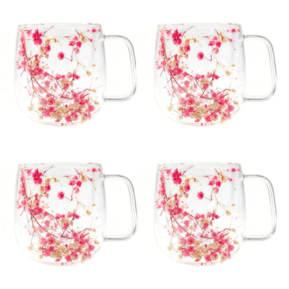 Double-Wall Glass Coffee Cup Set, Four-Piece Floral and Petal Design Mugs with Clear Handles for Tea and Lattes