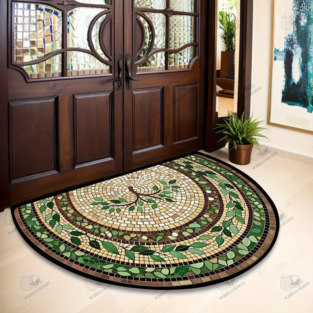 Green Leaf Mosaic Door Mat with Half-Round Shape, Concentric Decorative Borders and 32 x 20-Inch Size