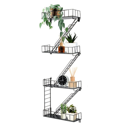 Wall Mounted Staircase Shelf with Hooks, Multi-Level Iron Storage Rack Floating Shelves for Bedroom Living Room Kitchen, Contemporary Metal Wall Organizer Home Decor Display
