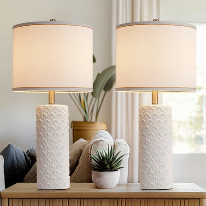 Ceramic Table Lamp – Modern Farmhouse Bedside Lamp with Drum Shade, 3 Color Temperature, Knob Switch, 9W LED Bulb Included, Rustic Nightstand Desk Light for Bedroom Living Room Office Dorm (Multiple Colors)