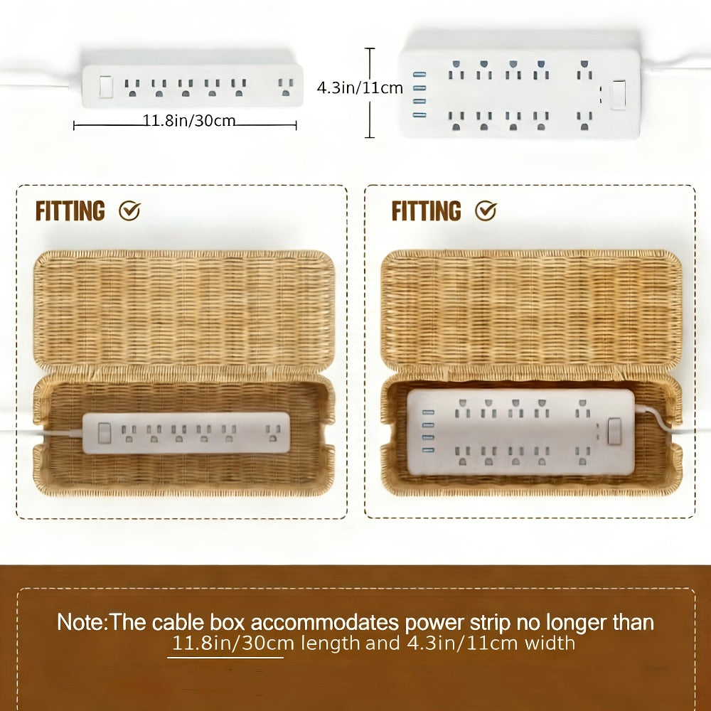 Woven Rattan-Look Cable Management Box with Hinged Lid and Pictured 34.1 cm Exterior Length