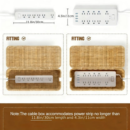 Woven Rattan-Look Cable Management Box with Hinged Lid and Pictured 34.1 cm Exterior Length