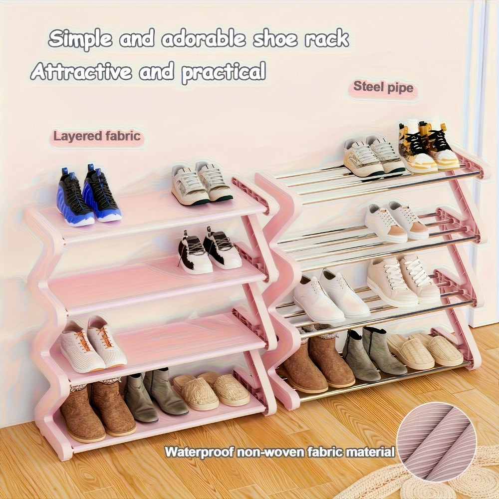 Four-Tier Z-Frame Shoe Rack with Metal Tubes in Graphite Black, Dawn Pink, Gray or Breeze Blue