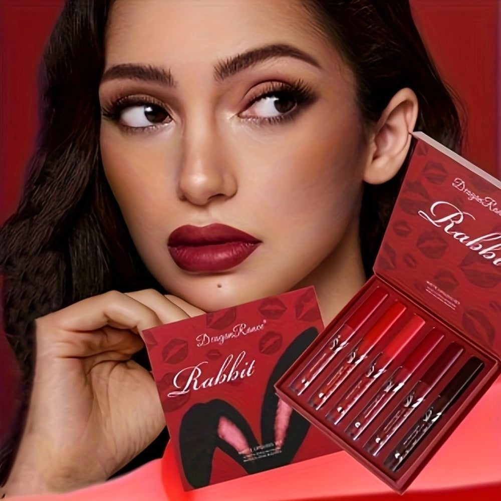 Red Lip Glaze Gift Set 6pcs in Elegant Box — Long-Lasting Smudge-Proof Glazed Finish, Smooth Paste Formula, All-Day Wear Versatile Lip Color for Beginners & Beauty Lovers, Holiday Birthday Gift