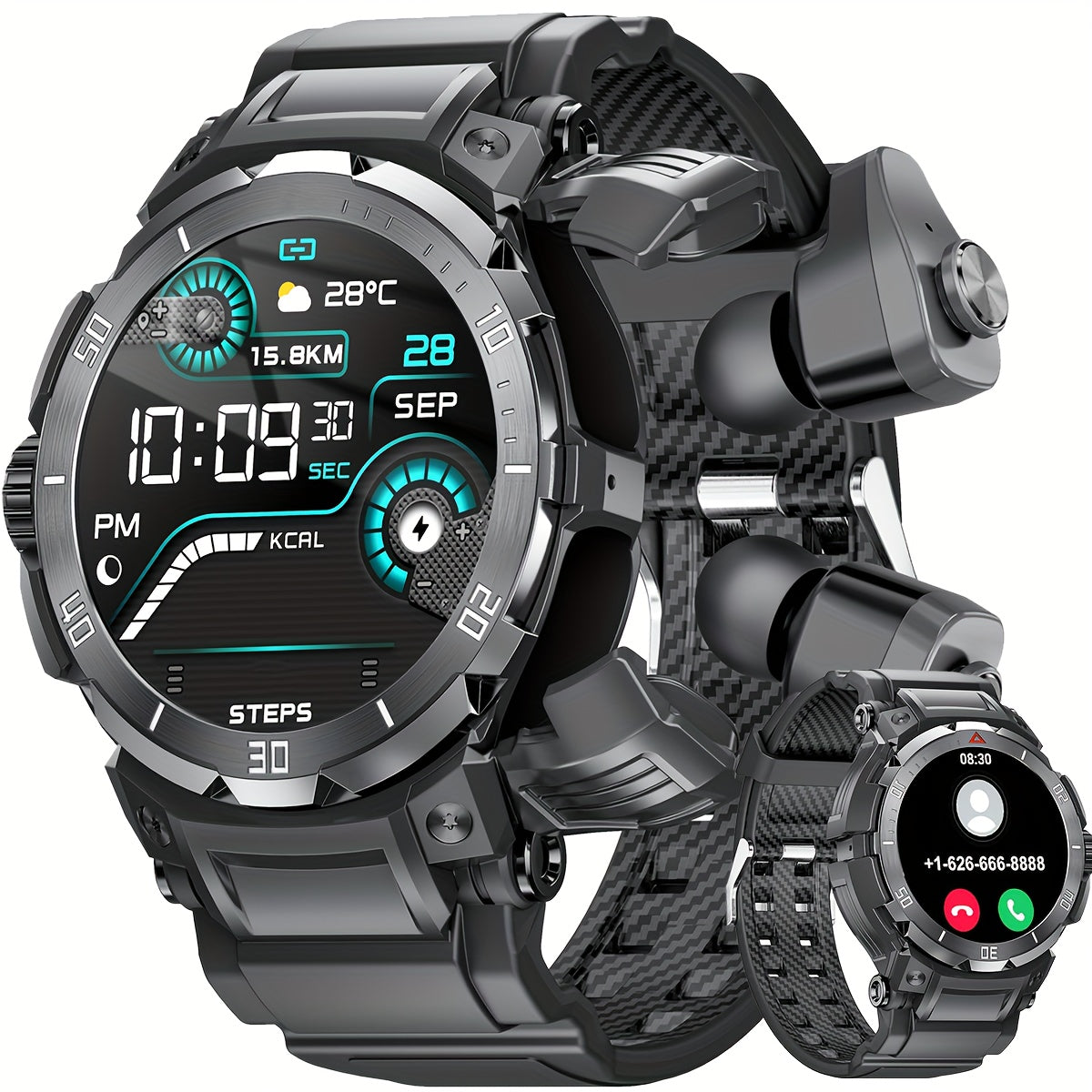 2-in-1 Smartwatch with Built-In Earphones 1.46 Inch IPS Touch Screen 100 Sport Modes Outdoor Fitness Tracker Heart Rate Blood Oxygen Sleep Monitor Weather Alarm Remote Control iPhone Android Compatible Extra Strap Included