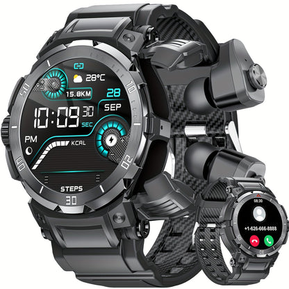 2-in-1 Smartwatch with Built-In Earphones 1.46 Inch IPS Touch Screen 100 Sport Modes Outdoor Fitness Tracker Heart Rate Blood Oxygen Sleep Monitor Weather Alarm Remote Control iPhone Android Compatible Extra Strap Included