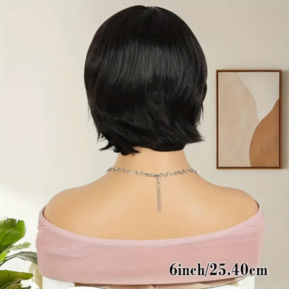 Wig Short Curly Wavy Pixie Bob in Natural Black, 6-Inch Human Hair with Bangs and Rose Net Cap