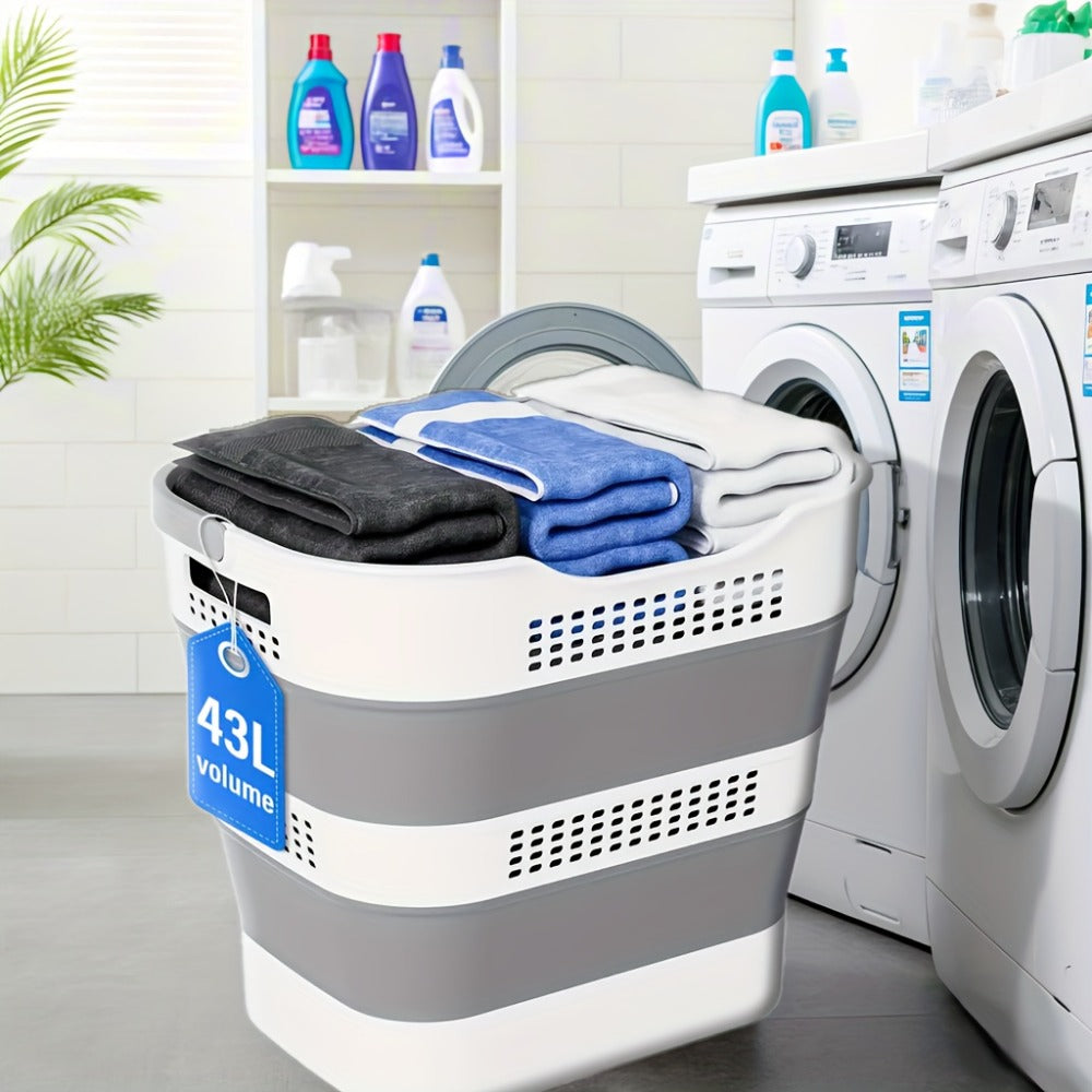 Collapsible 43L Laundry Basket in Grey with Carry Handles, Single or 2-Pack Folding Checkout Options
