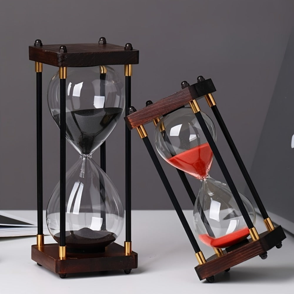 Sixty-Minute Decorative Glass Sand Timer with Wooden-Style Frame in Six Exact Color Configurations