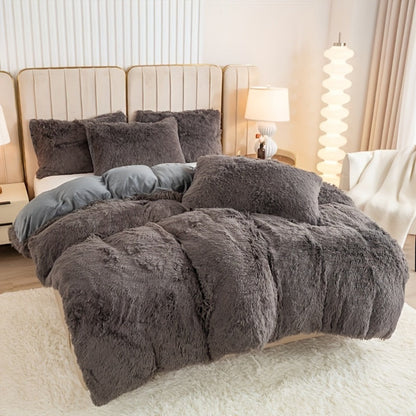 Three-Piece Plush Polyester Duvet Cover Set with Two Pillowcases in 14 Colors and Twin, Full, Queen or King Sizes