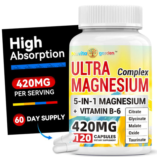 Magnesium Complex 420mg Capsules 120 Count with Vitamin B6 — 5-in-1 High Absorption Formula for Sleep Muscle Relaxation Nerve & Heart Health Support for Women and Men