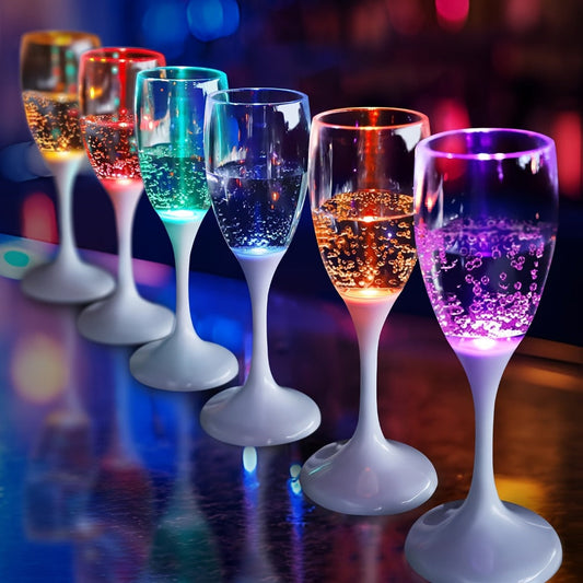 LED Light Up Champagne Flutes Set of 6 – Glow in the Dark Colored Plastic Wine Glasses for Birthday Halloween Christmas Wedding Party Favors Adults
