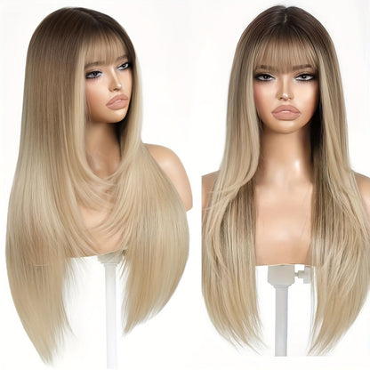 Long Straight Synthetic Lace-Front Wig with Curtain Bangs and Five 26-Inch Solid or Gradient Color Options