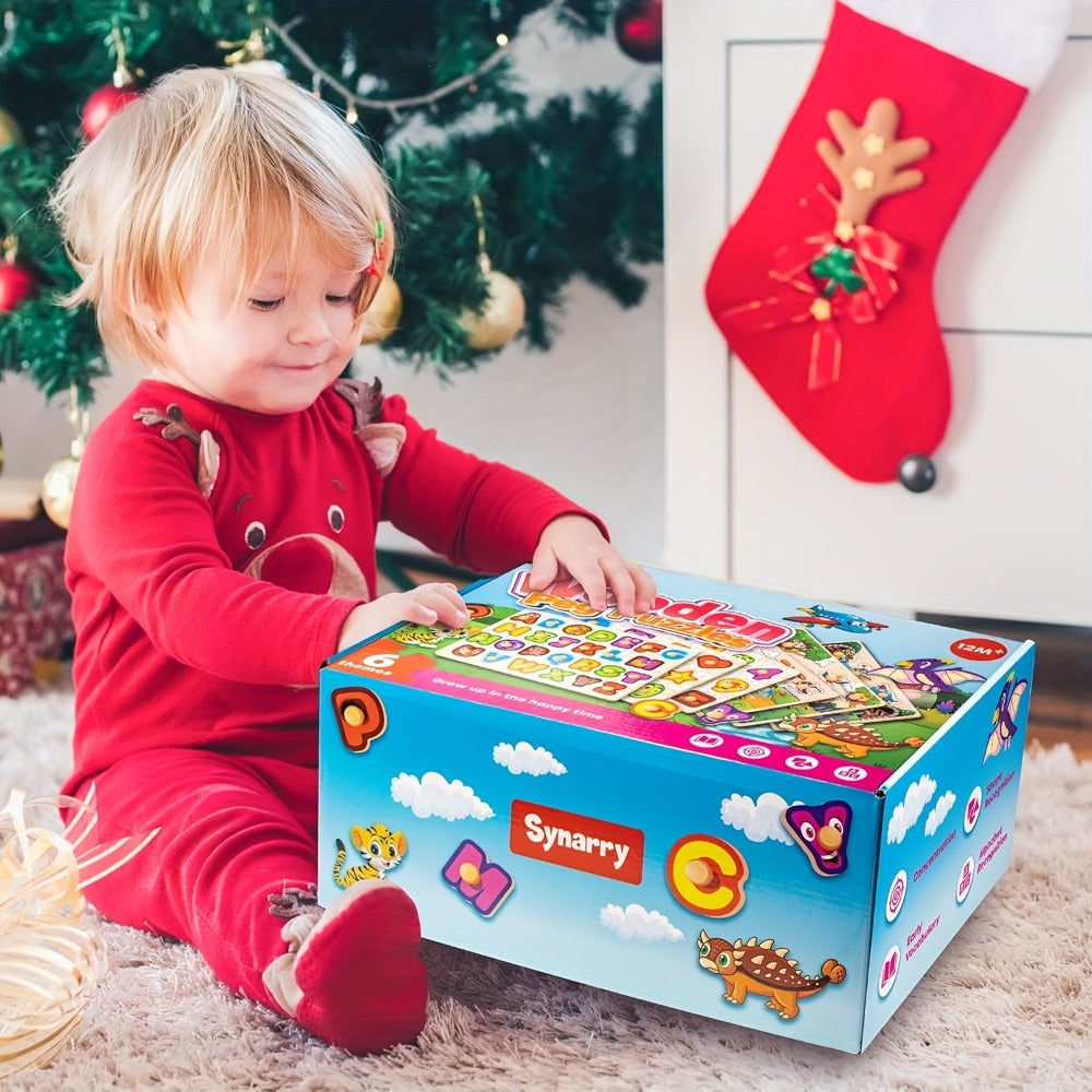 Six-Board Wooden Peg Puzzle Set with Metal Storage Rack and Scene or Animal Theme Checkout Options