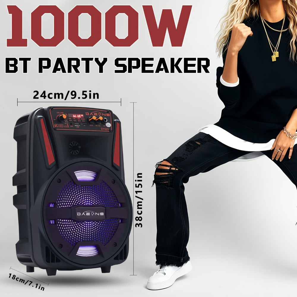 8-Inch Bluetooth Party Speaker with LED Lights & Wired Microphone – TWS Stereo Bass Boost, FM Radio, USB TF AUX Playback, Rechargeable Battery, Portable Wireless Speaker for Outdoor Parties & Karaoke