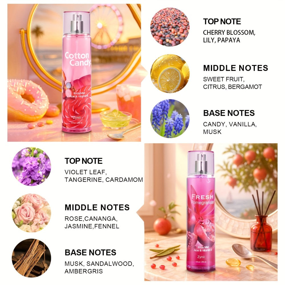 Fragrance Body Mist for Women, Floral, Fruity, Musk & Vanilla Body Spray with Aloe & Vitamin E, 3-8 fl oz