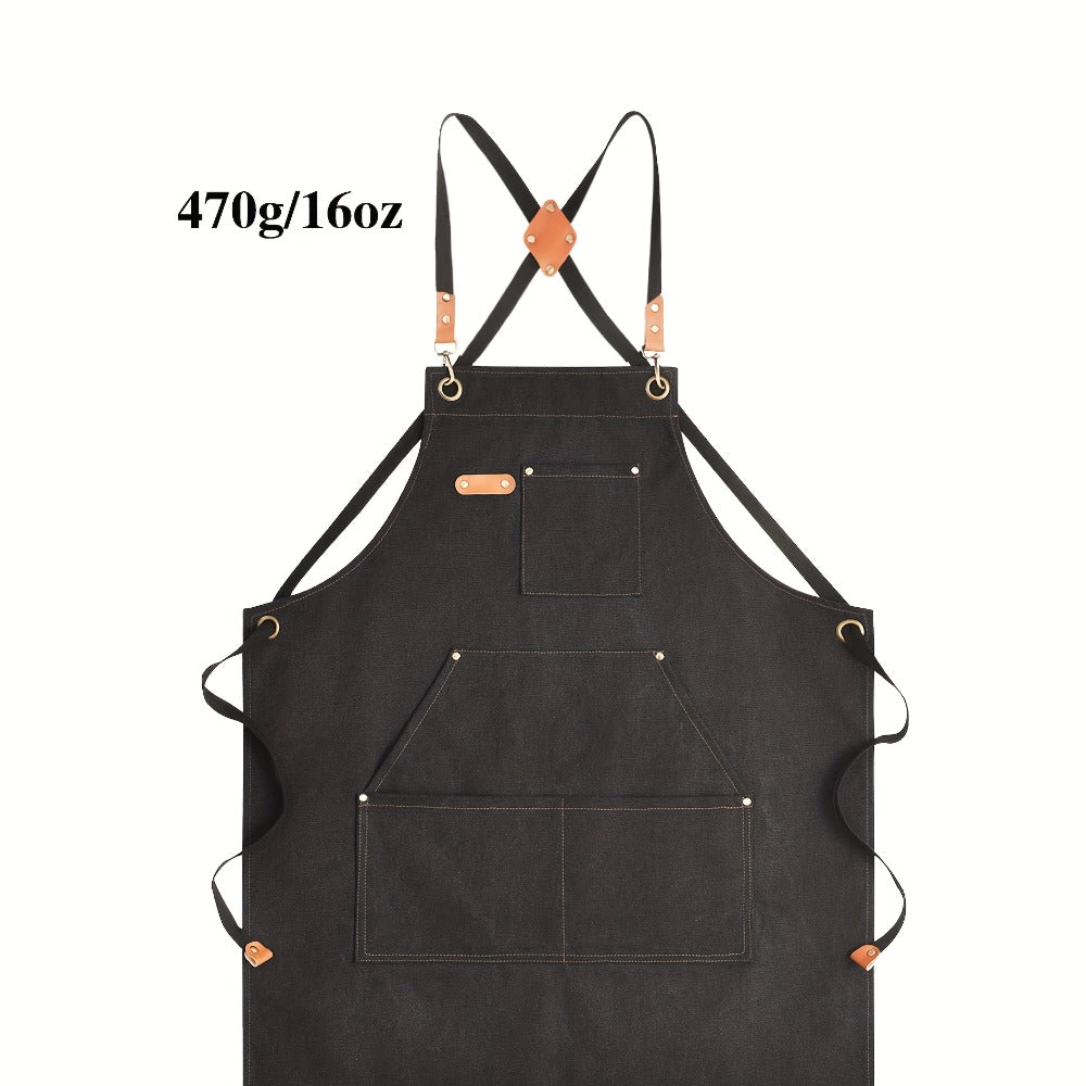 Black Crossback Canvas Work Apron, 27 x 32 Inch Bib with Three Utility Pockets and Long Straps for Kitchen or Workshop