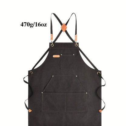 Black Crossback Canvas Work Apron, 27 x 32 Inch Bib with Three Utility Pockets and Long Straps for Kitchen or Workshop