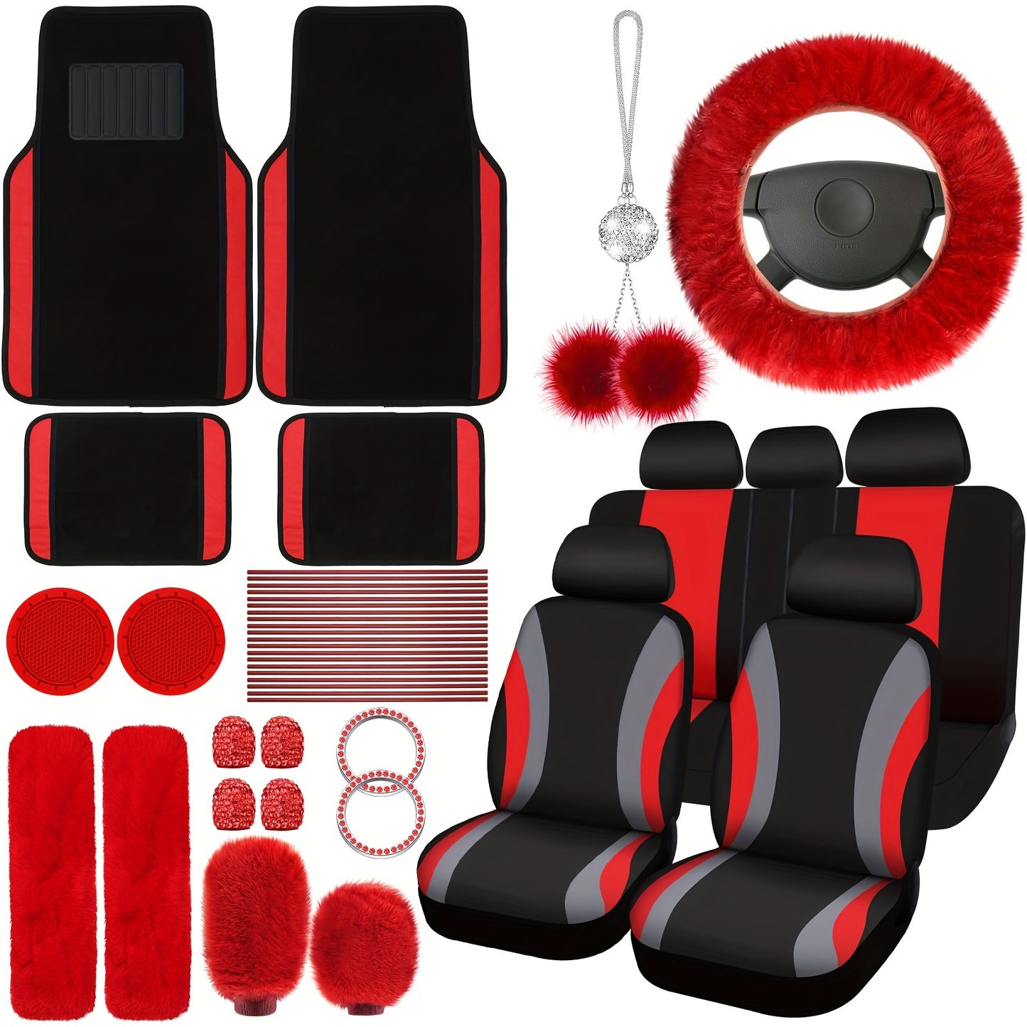 Car Seat Covers Full Set for Women Fluffy Steering Wheel Cover Seat Belt Pads Floor Mats AC Vent Strips Universal Fit Front Rear Seat Protector Interior Accessories Set Pink Purple Red Blue
