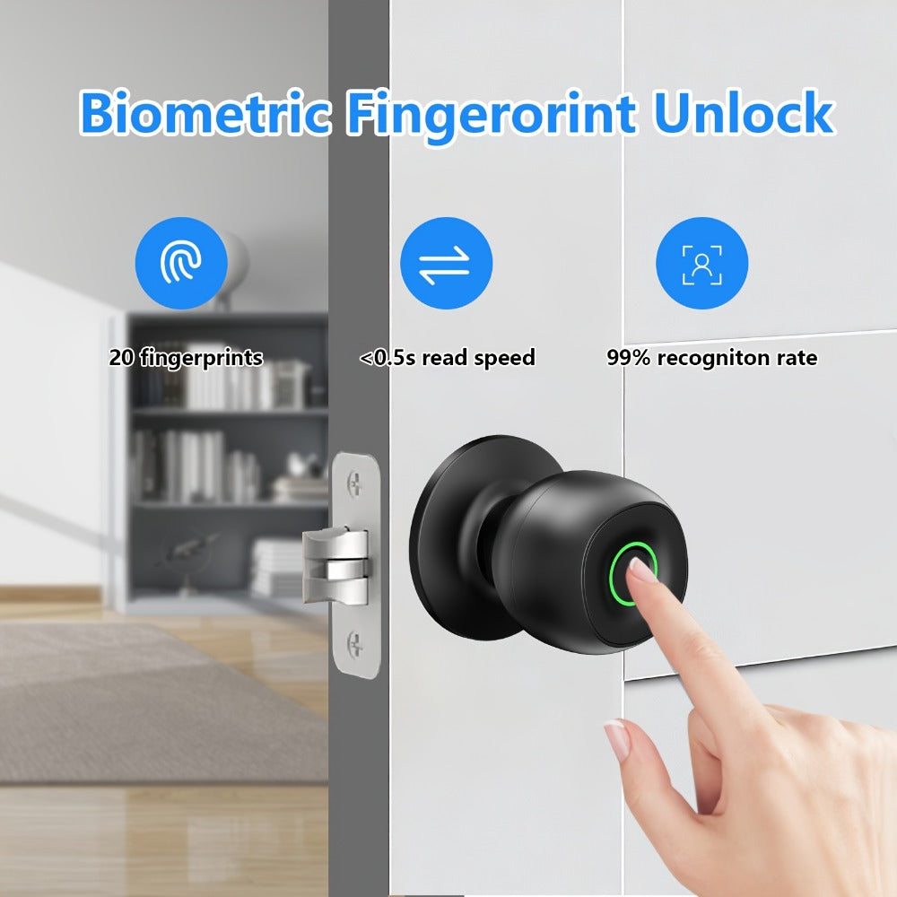 Wireless Smart Door Knob Lock with Fingerprint & App Control - 3-in-1 Biometric Keyless Entry, Auto-Lock, Remote Access Management for Bedroom, Home, Hotel & Office, Easy DIY Install, Black