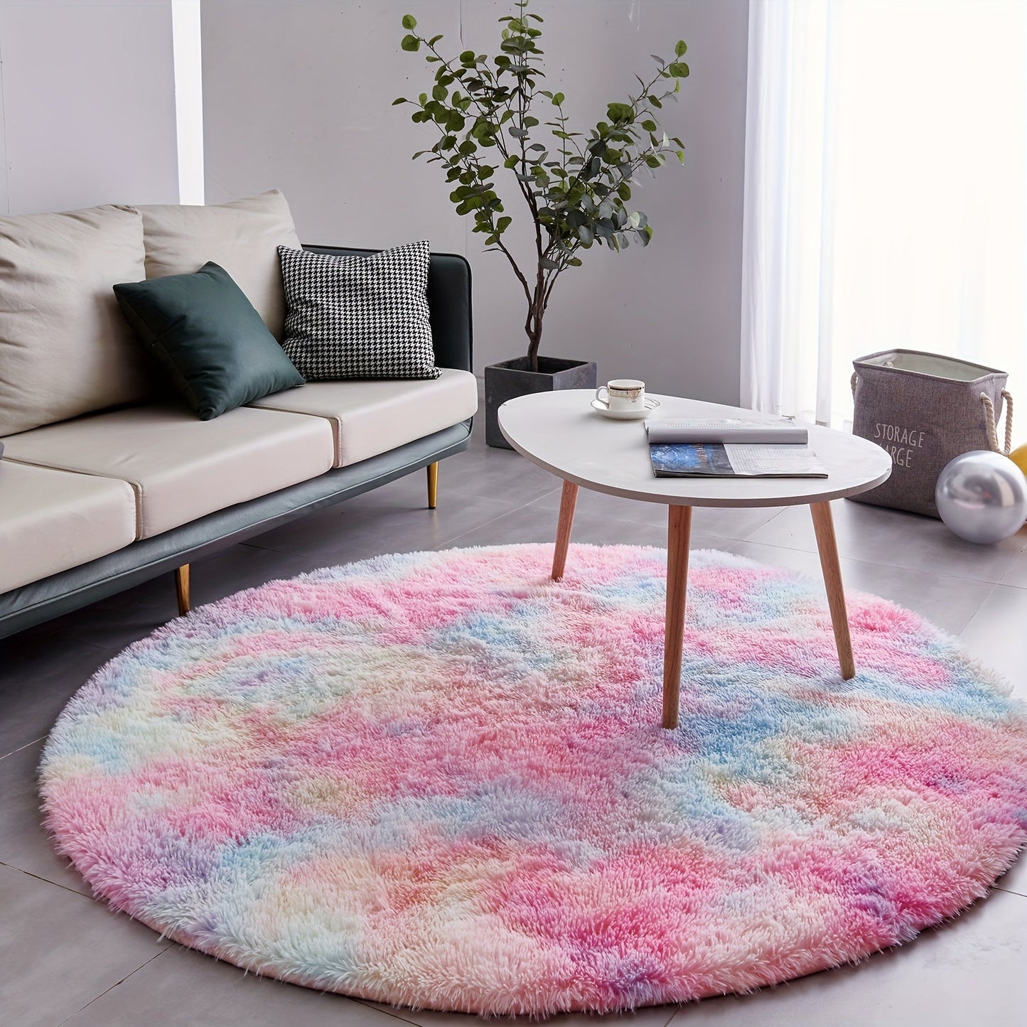 Area Rug, Round Shaggy Plush Carpet in Seven Colors and 4-, 5- or 6-Foot Diameters with Spot-Clean Care