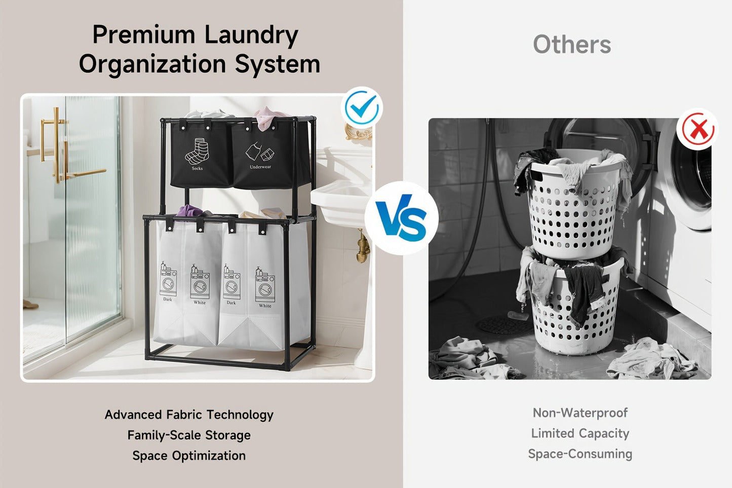 Two-Tier Laundry Sorter Hamper with Upper Compartments, Four Removable Lower Bags and Elevated Frame