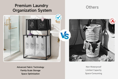Two-Tier Laundry Sorter Hamper with Upper Compartments, Four Removable Lower Bags and Elevated Frame