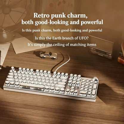 Steampunk Typewriter Mechanical Keyboard with Blue Switches – Retro Old-Fashioned USB Wired Gaming & Office Keyboard for Desktop Laptop PC Windows, Unique Aesthetic Gift for Gamers & Typists