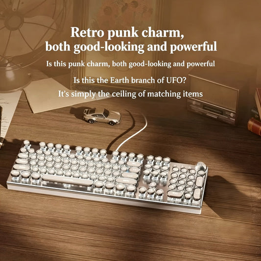 Steampunk Typewriter Mechanical Keyboard with Blue Switches – Retro Old-Fashioned USB Wired Gaming & Office Keyboard for Desktop Laptop PC Windows, Unique Aesthetic Gift for Gamers & Typists