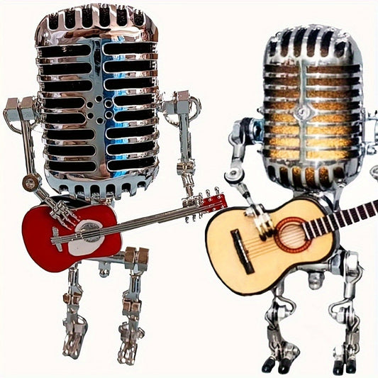 Vintage Microphone Robot Guitar Lamp USB Powered – Retro Decorative Night Light for Music Lovers, Guitar Players, Home, Bar & Office Desk Decor (Red / Yellow)