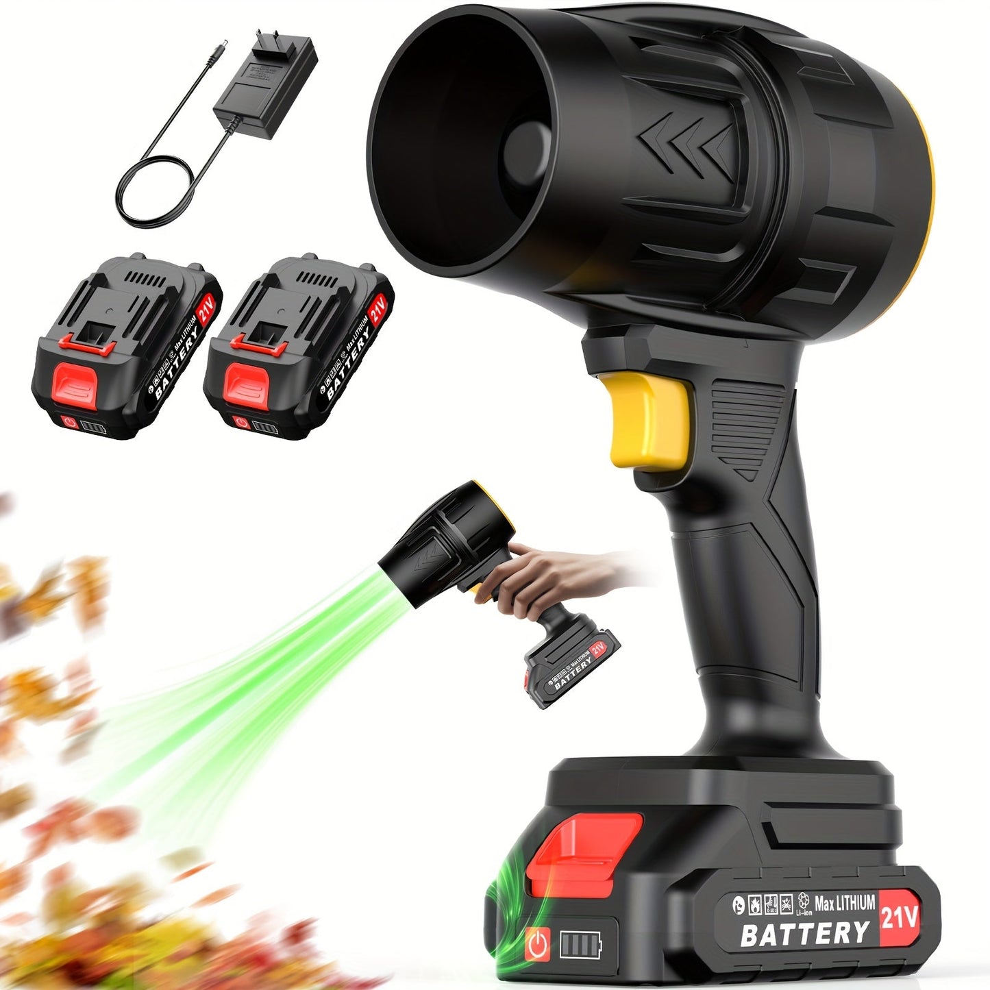 21V Cordless Leaf Blower in Black with 40,000 RPM Marking, Two Battery Packs, Charger Cable and Nozzle Pieces