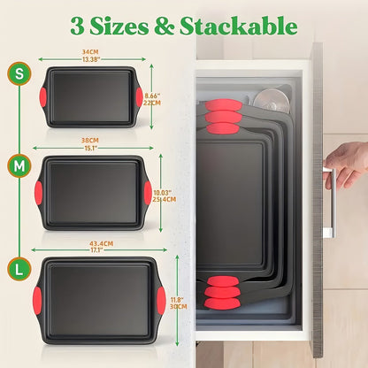 Three-Piece Black Baking Sheet Set with Red Grip Tabs in Small, Medium and Large Nesting Sizes