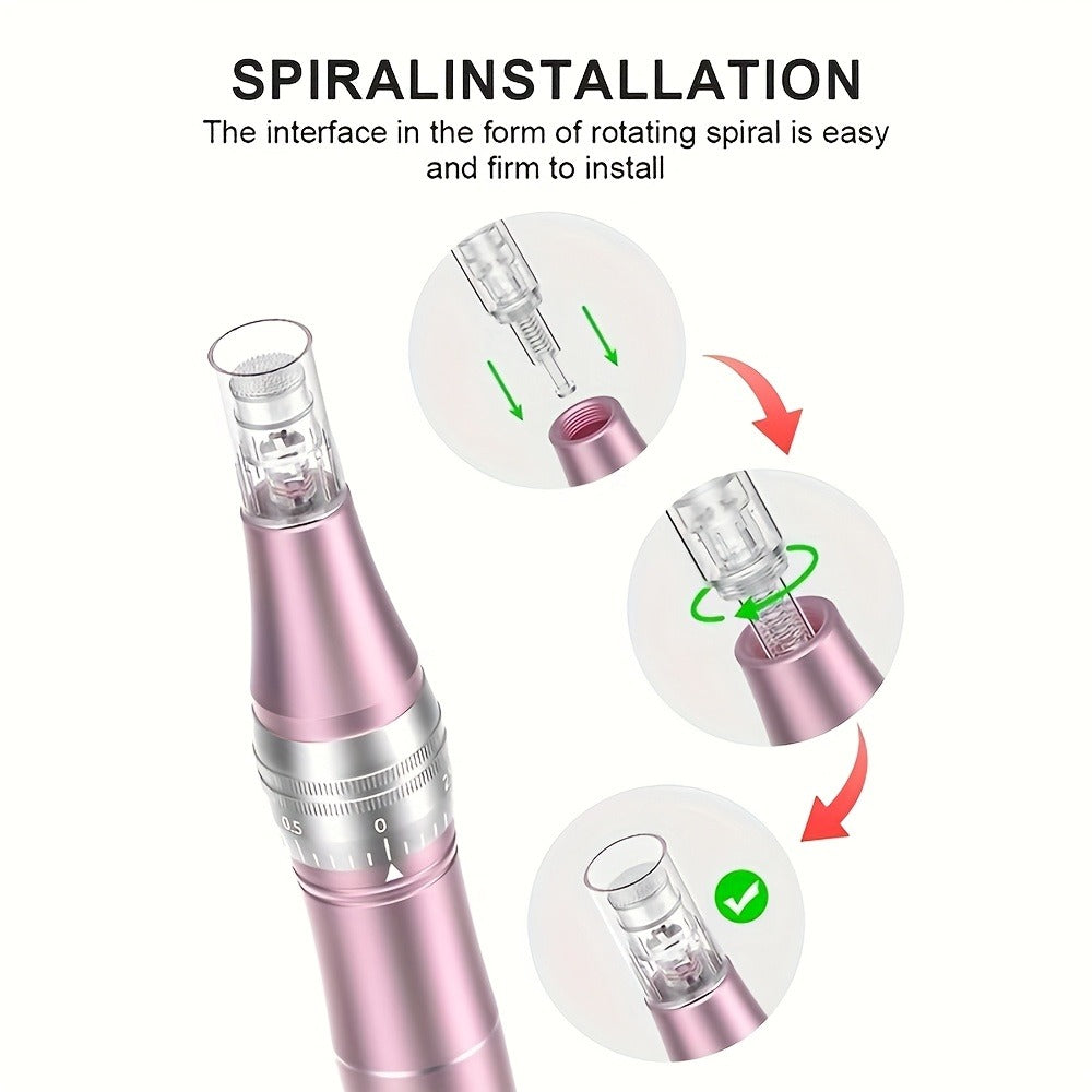 L6 Pink Microneedling Pen Kit with 10 Replacement Tips, Six Speed Levels and USB Charging Cable