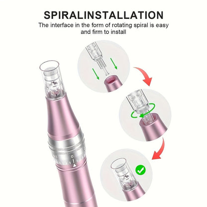 L6 Pink Microneedling Pen Kit with 10 Replacement Tips, Six Speed Levels and USB Charging Cable