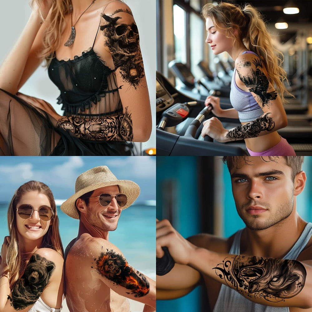 Temporary Tattoos, 24-Sheet Black Gothic Set with Lion, Eagle, Skull and Greek God Motifs for Forearm Placement