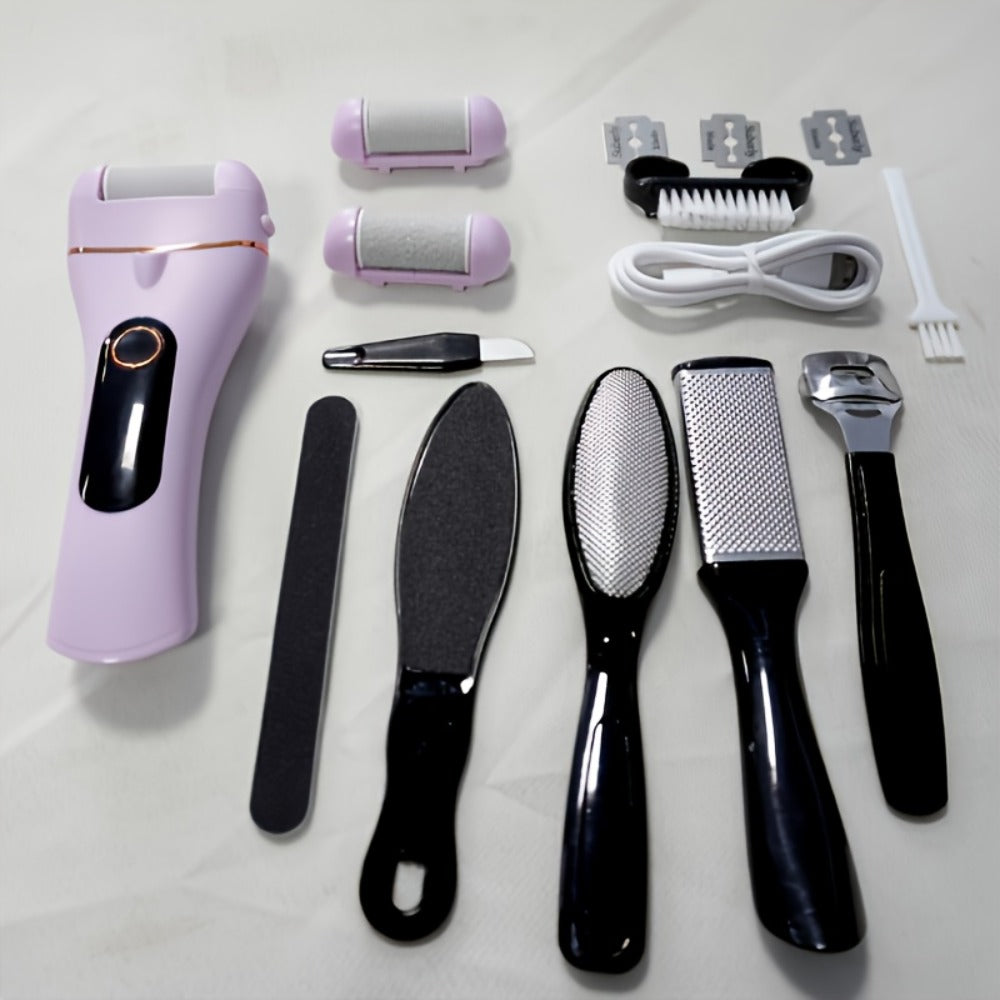 14-in-1 Rechargeable Electric Foot Care Kit with Three Roller Heads, Display and Black or Purple Finish