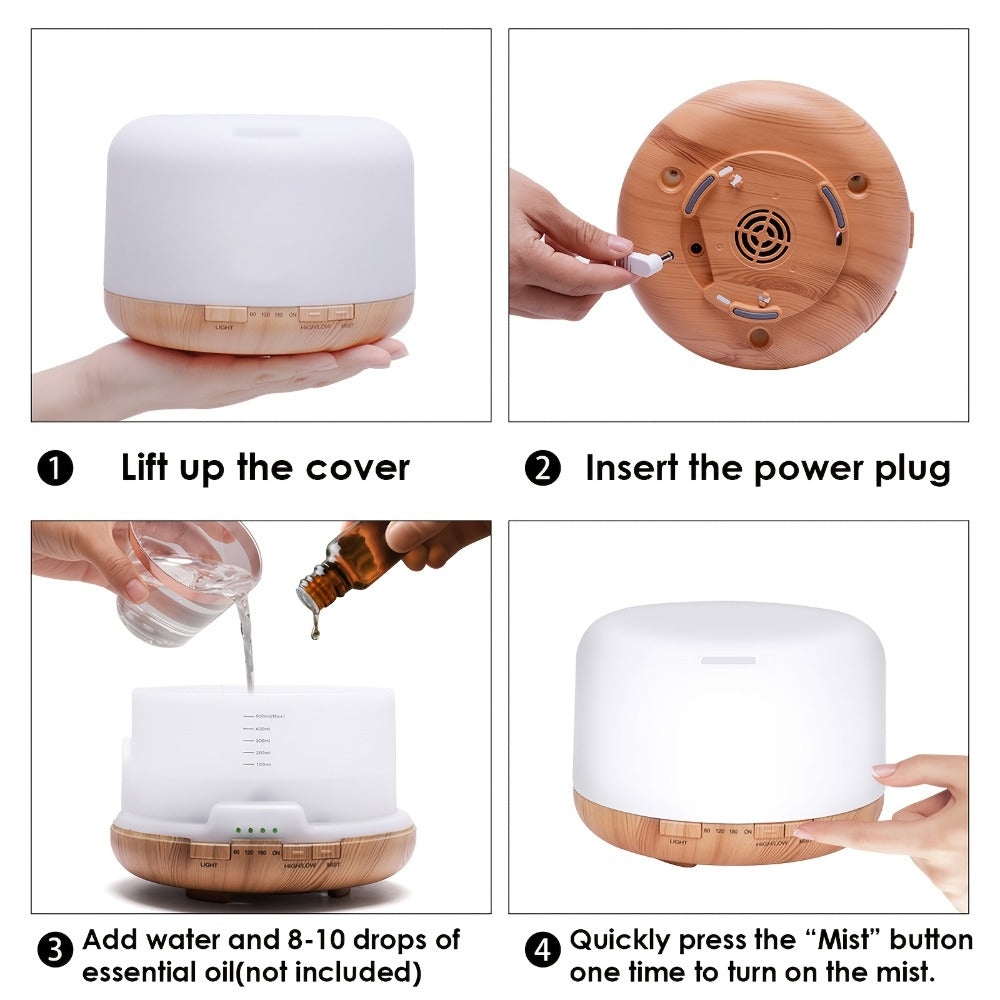 500ml Essential Oil Diffuser Set with Remote, Seven-Color Light, Timer Controls and 10 Oil Bottles