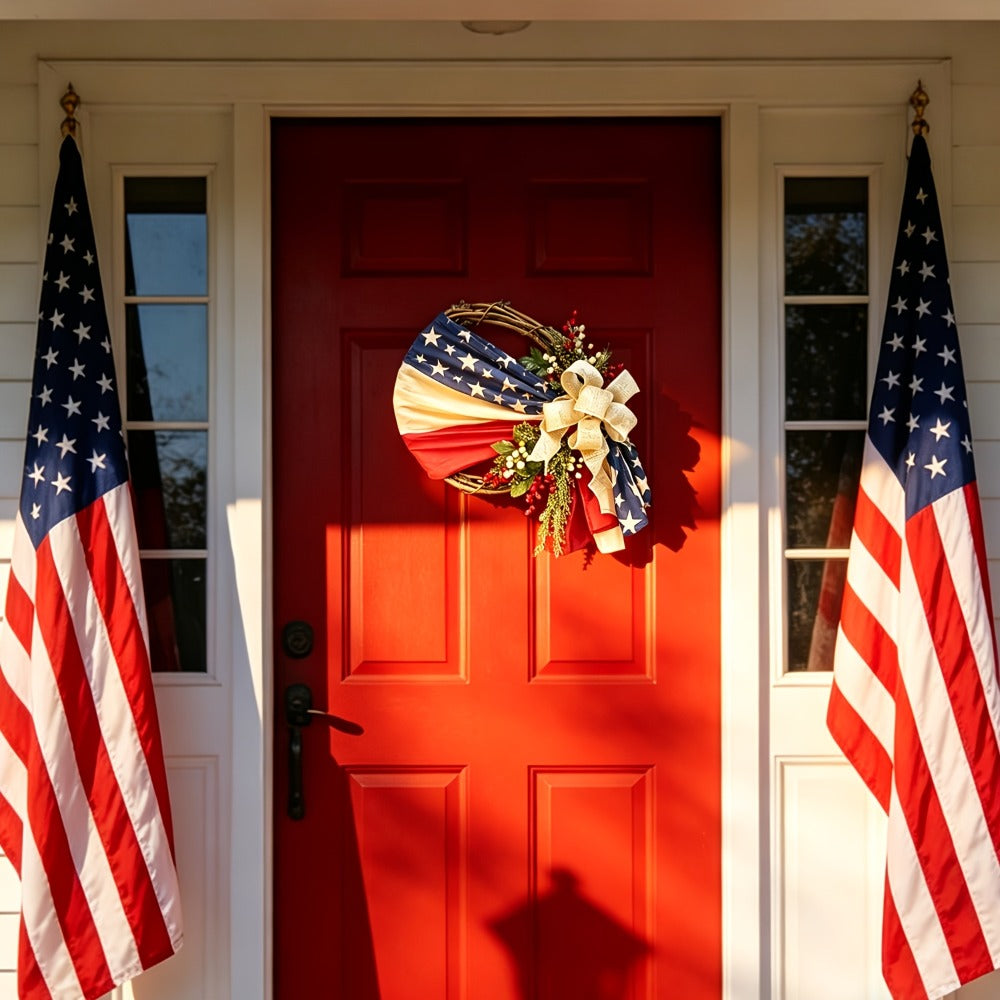 Red, White and Blue Patriotic Door Wreath with Flag Ribbon, Berries and Bow for Seasonal Home Display