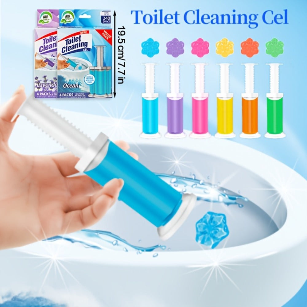 Flower Gel Toilet Stamp Cleaner with Dispenser in Six Scent Labels and 4- or 8-Piece Checkout Packs