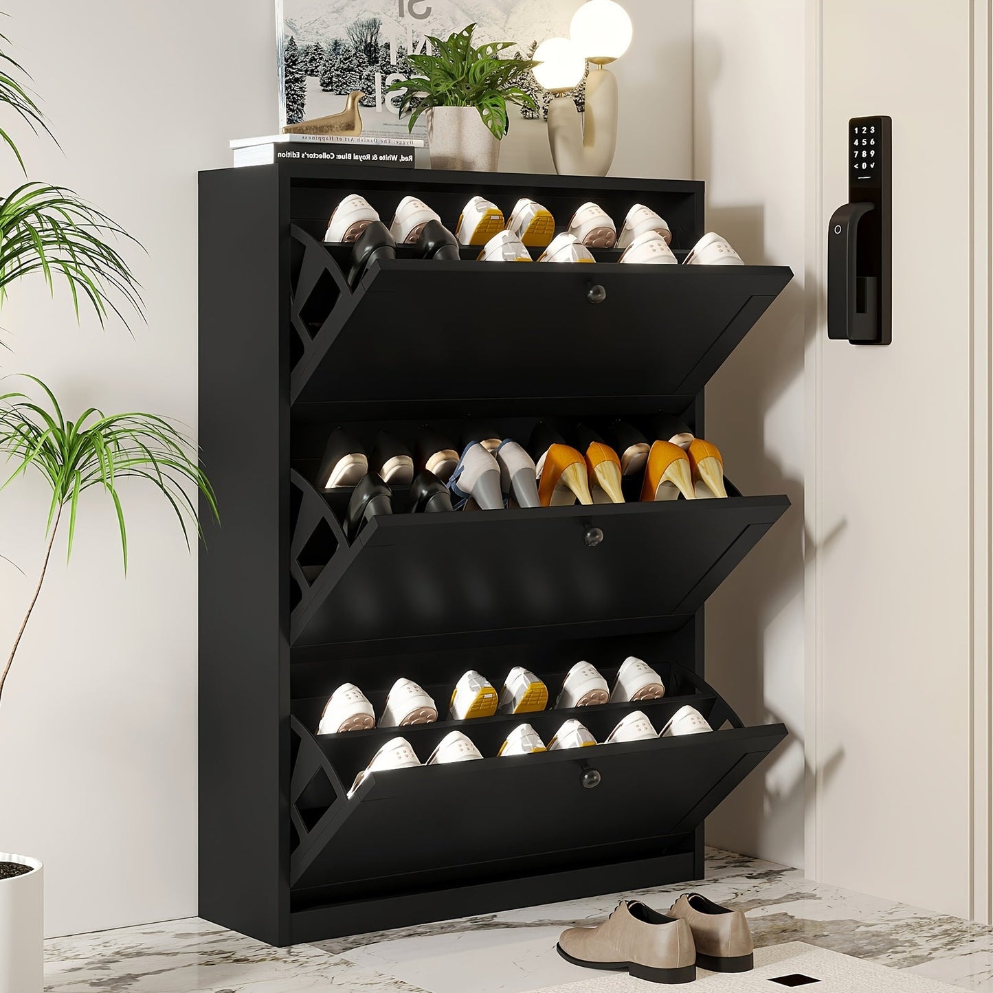 Shoe Cabinet shown in the Black, 3 Drawers option
