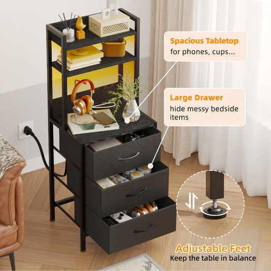 3-Drawer Tall Nightstand with Charging Station and LED Lighting detail image