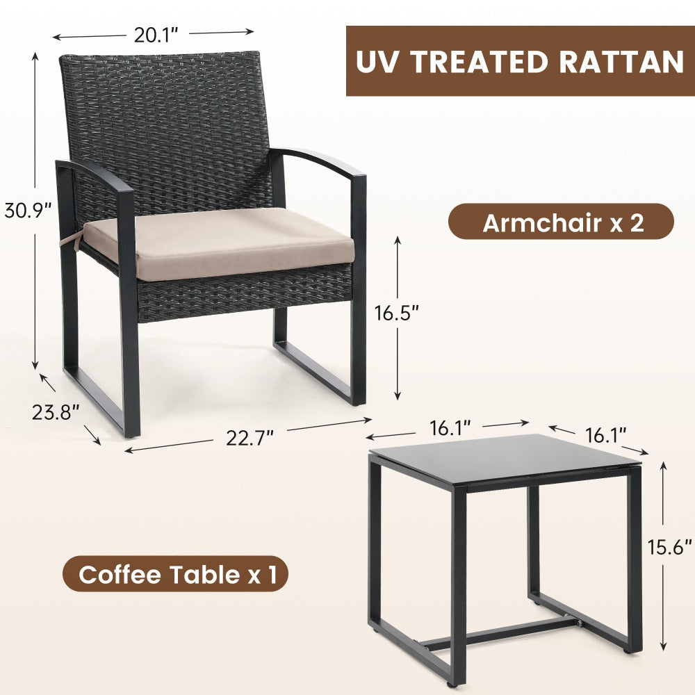 3-Piece Wicker Patio Bistro Set with Waterproof Protection and Two Chairs Included detail image