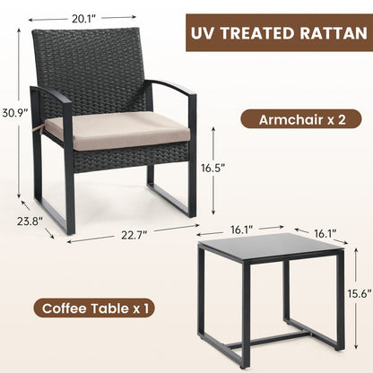3-Piece Wicker Patio Bistro Set with Waterproof Protection and Two Chairs Included detail image