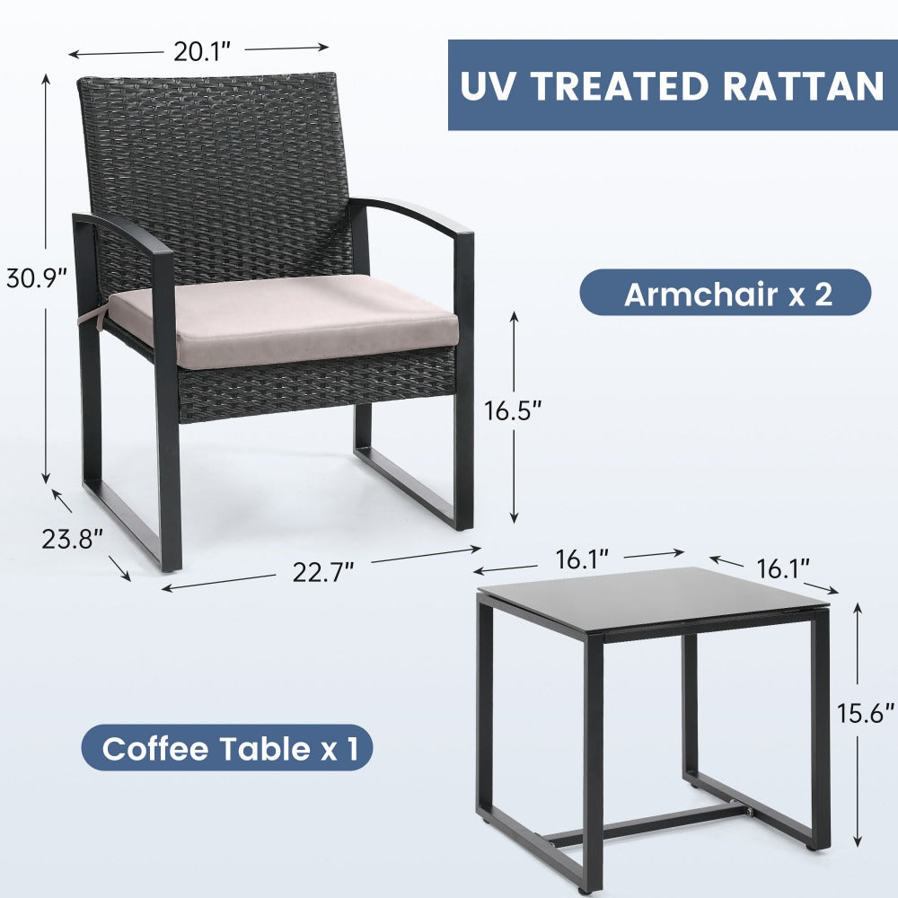 3-Piece Wicker Patio Bistro Set with Waterproof Protection and Two Chairs Included detail image - detail view 9