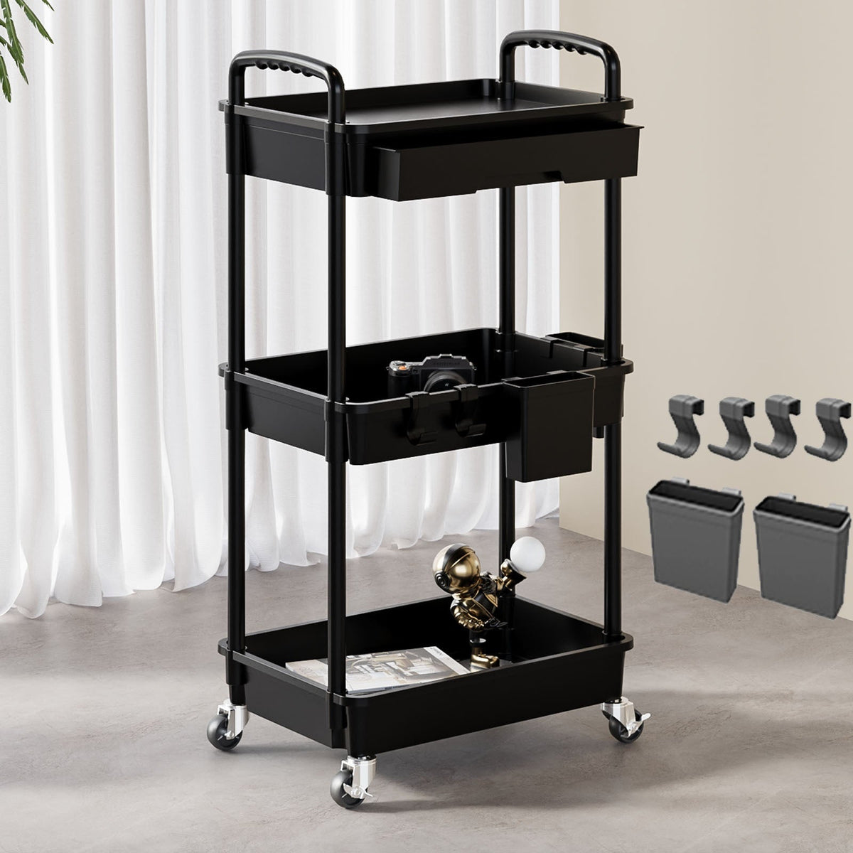 Rolling Utility Cart shown in the Black, 3 Tier option