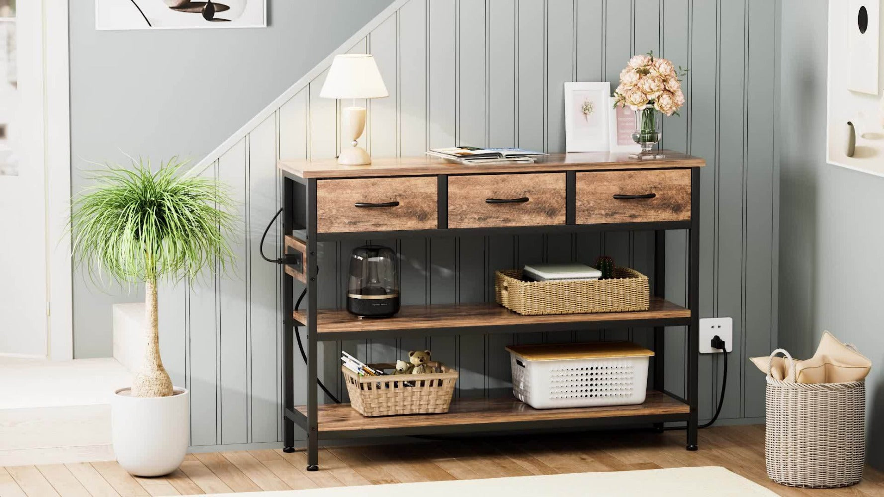 3-Tier Fabric Console Table with Charging Station for Work, Display, and Everyday Use detail image - detail view 14